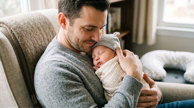 Father holding sleeping newborn baby at home in cozy armchair