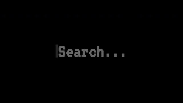 retro pixel search bar text with blinking cursor, 8-bit internet search engine animation with isolated black background.
