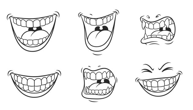 Selection of six cartoon mouths showing different expressions like laughing, screaming, and angry snarling in black and white sketch.