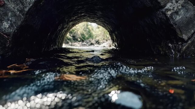 Clear stream flowing through dark stone tunnel with bright daylight exit