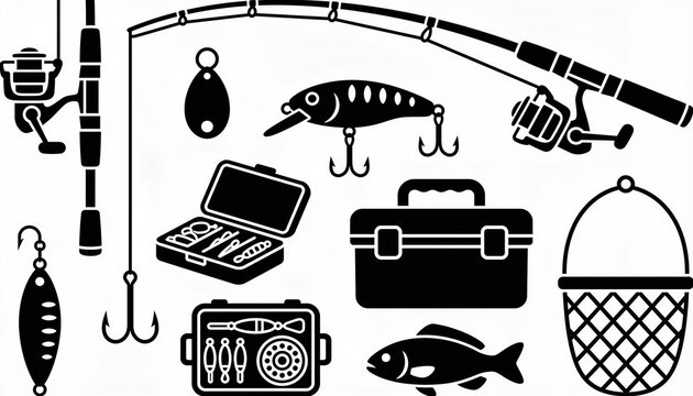 vector set, rod, reel, lure, hook, box, net, fish, bait, tackle box, angling, outdoor activity, equipment collection, black silhouette icon set, sport fishing graphic element