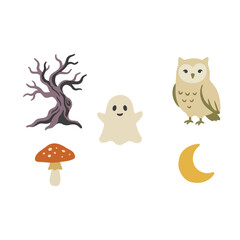 Obraz premium Whimsical Spooky Autumn Forest Halloween Elements with Bare Tree Owl and Ghost Retro Vector Icons