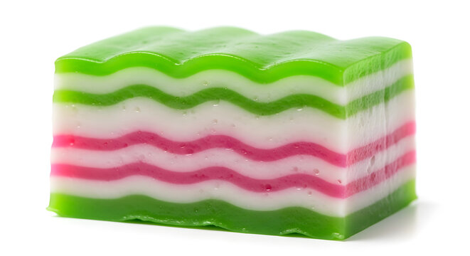 Single shot of a wavy kue pepe in three colors of green, pink, white from Indonesia, Southeast Asia. Betawinese cuisine, traditional cake and Asian dessert assets