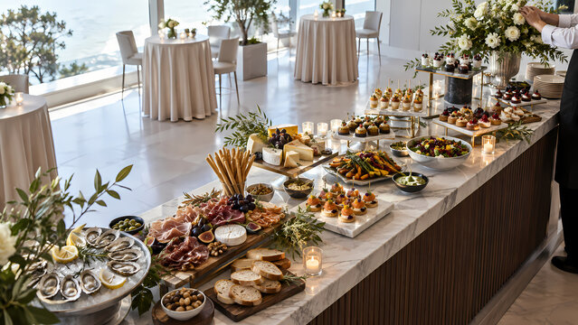 Elevated view of an elegant gourmet buffet arranged with assorted appetizers, pastries and floral decor on a long serving table, overlooking a bright waterfront venue prepared for a catered reception