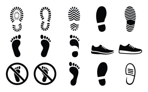 Human footprint and shoe sole icons with bare feet, walking prints, trail marks, and footsteps for movement, footwear, navigation, fitness, and vector illustration