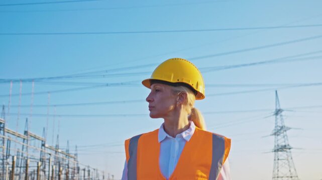 Three female maintenance engineers in yellow helmets and orange vests inspect a sprawling power line network under a sunlit sky.