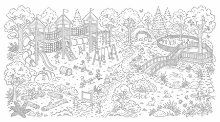 Fototapeta premium Children playing at a detailed park playground coloring page