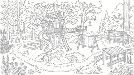 Fototapeta premium Forest treehouse playground with animals for coloring book