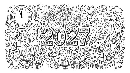 Obraz premium Happy people celebrating new year 2027 doodle vector illustration
