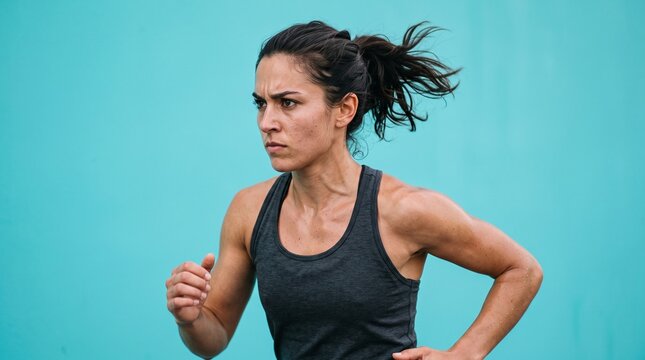 Determined athletic woman running intensely with ponytail on turquoise background