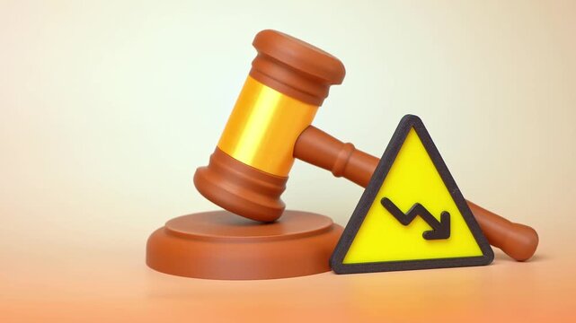 A falling arrow and a judge's gavel. Staff cuts, budget sequestration or economic recession. Concept of financial decline and government fiscal policy today. Economic hardship.