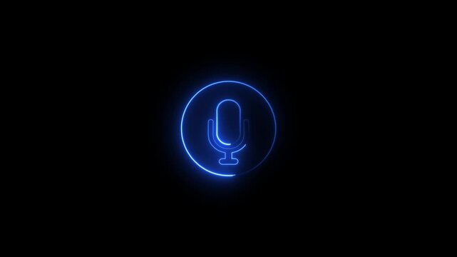 Glowing blue neon microphone icon inside circular frame animation on black background..