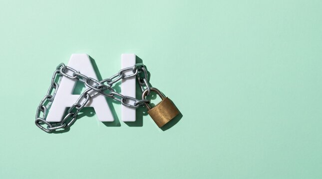 White AI letters wrapped in chain with padlock on mint green background