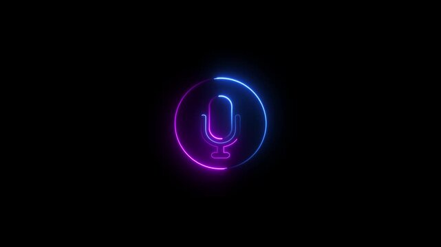 Glowing neon microphone icon inside circular frame animation on black background..