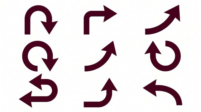Set of eight dark maroon curved directional arrows, various turning and rotating shapes, bold graphic design, isolated on white background, clean vector illustration.