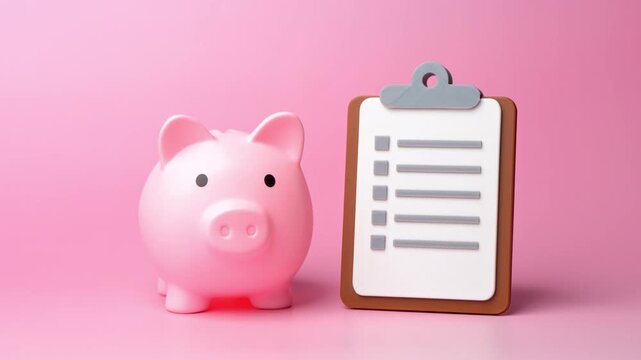 A piggy bank and a paper pad with expense categories and financial calculations. Tracking spending, planning a budget and managing household or business finances daily.