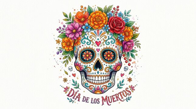 Sugar skull decorated flower crown roses marigolds daisies, colorful calavera pattern hearts swirls, dia de los muertos lettering white background. Mexican watercolor illustration theme