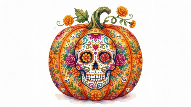 Sugar skull pumpkin decorated marigold flowers roses leaves, colorful calavera pattern mini skulls swirls, white background festive design. Day dead illustration theme