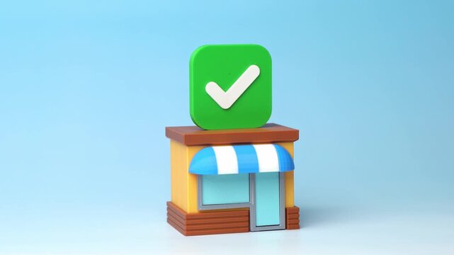 A store with a green checkmark. Customers' choice. Trading permits, licenses, and validations. Trusted retail business with official approval. Verified services, consumer confidence.