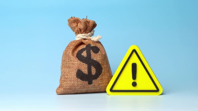 A dollar money bag and a warning sign. Terms and conditions. Spending limits. Concerns about loan terms. Financial caution highlights risk. Credit rules and limits affect borrowing decisions