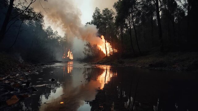Forest wildfire burning trees near a calm river with orange reflection
