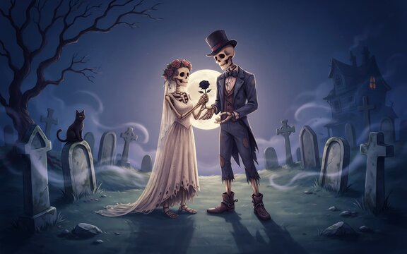 A skeleton bride and groom exchange a dark rose in a moonlit foggy graveyard setting
