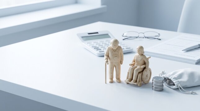 Senior figurines with cane and wheelchair beside calculator and coins