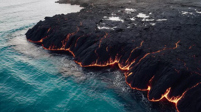 Glowing molten lava flowing from dark volcanic rock into turquoise ocean waves