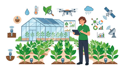 Fototapeta premium Flat vector illustration of a female agronomist using a digital tablet to monitor a smart farm featuring a solar-powered greenhouse, drones, soil sensors, and satellite data analytics icons.