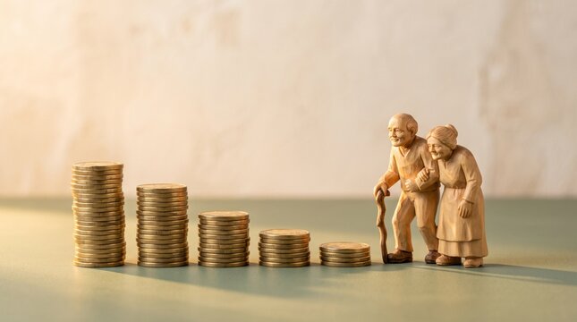 Elderly couple figurines beside shrinking coin stacks, retirement savings