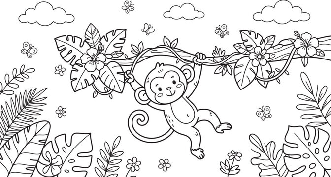 Enjoy a delightful coloring experience with this adorable monkey swinging through the trees perfect for kids of all ages