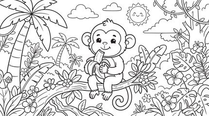 Delightful jungle adventure a charming coloring page featuring a playful monkey amongst lush tropical foliage for kids and families © ABU