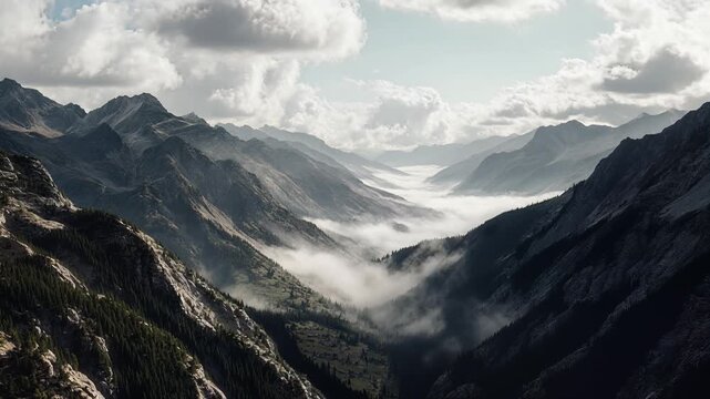 Majestic alpine mountain valley filled with rolling morning fog and clouds