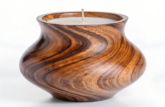 Handmade wooden bowl candle with visible grain and natural wax
