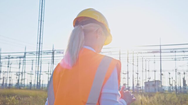 A female maintenance engineer in an orange vest and yellow hard hat inspects equipment at a power line site, ensuring reliable electricity supply.