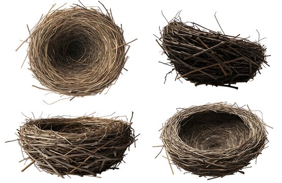 Collection of four empty bird nests made of twigs on a white background