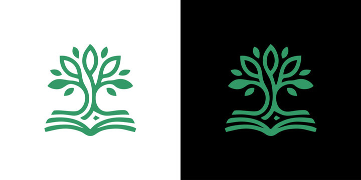 Open book and growing tree logo icon symbol for education knowledge and nature concept