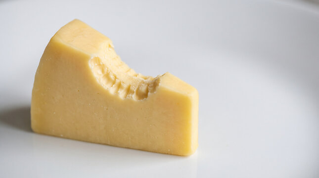 Close-up of a clean bite mark with visible tooth impressions in a pale yellow cheese wedge, matte white surface, forensic odontology demonstration substrate photography 