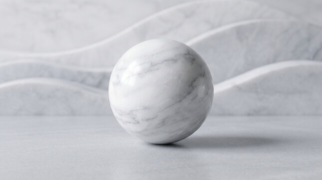 White marble sphere on stone surface, minimalist geometric background, elegant product display