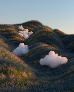 A serene dreamscape where fluffy white clouds gently nestle among rolling verdant hills, illuminated by a warm, delicate light, creating an otherworldly sense of peace and imagination