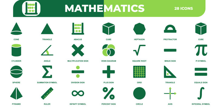 Mathematics geometry and arithmetic icon set. Containing cone, triangle, abacus, cube, heptagon, protractor, cylinder, angle, multiplication, division, plus, minus, infinity, vector solid icons.