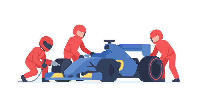 Formula one pit crew working on a blue race car vector illustration