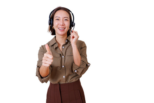 Smiling customer service agent wearing headset giving thumbs up, providing call center support on transparent background