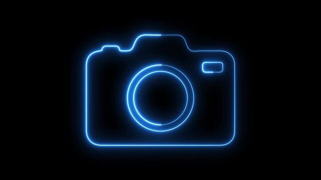 Glowing blue neon camera animation, digital concept, minimalist tech for social media and creation technology