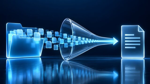 Data consolidation and file compression concept showing scattered digital documents passing through a glass funnel into one organized file