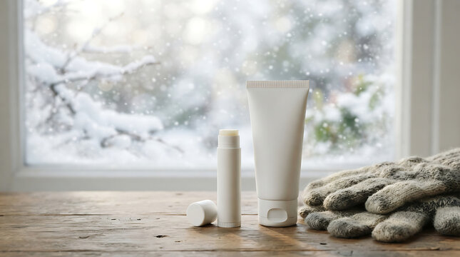 Winter Skincare Blank Cream Tube and Lip Balm with Gloves by Window