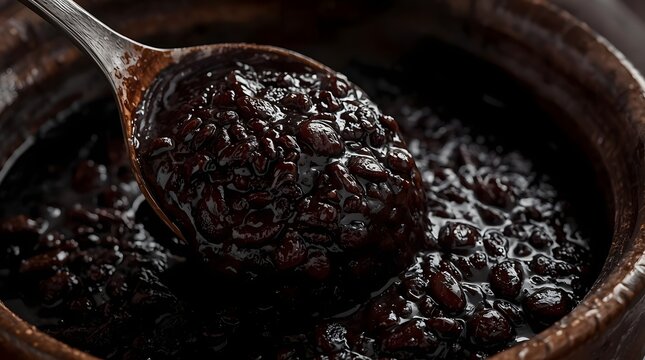 Close up of rich fermented black bean paste being scooped with a spoon from a rustic ceramic pot showing detailed texture and dark color