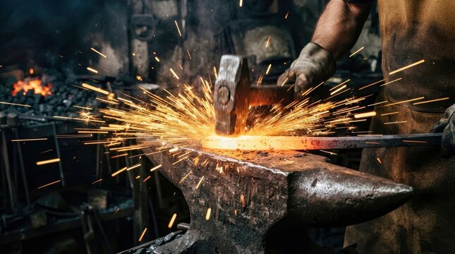 Blacksmith Hammering Glowing Metal on Anvil With Sparks