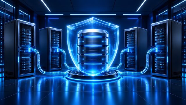 Secure server rack protected by glowing digital shield in high tech datacenter representing cybersecurity network infrastructure.