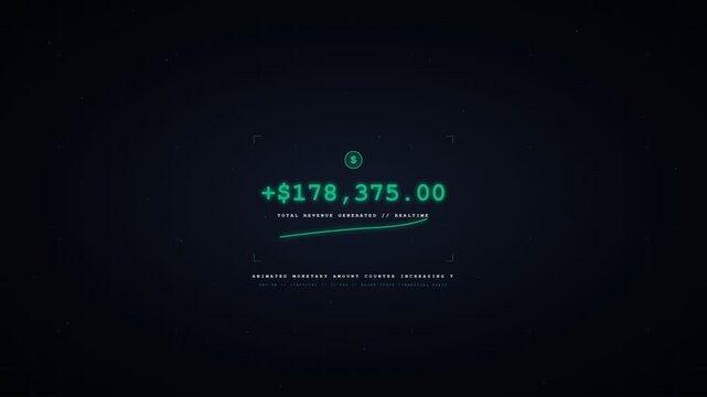 Digital financial display showing green text and monetary amount on dark background
